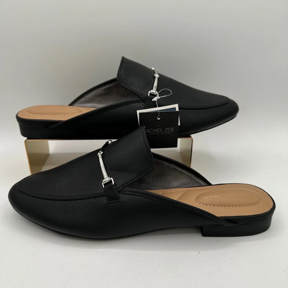 RACHEL ZOE Alani Black Faux Leather Mules Silver Horsebit Buckle Detail NWT 10 - Picture 1 of 12